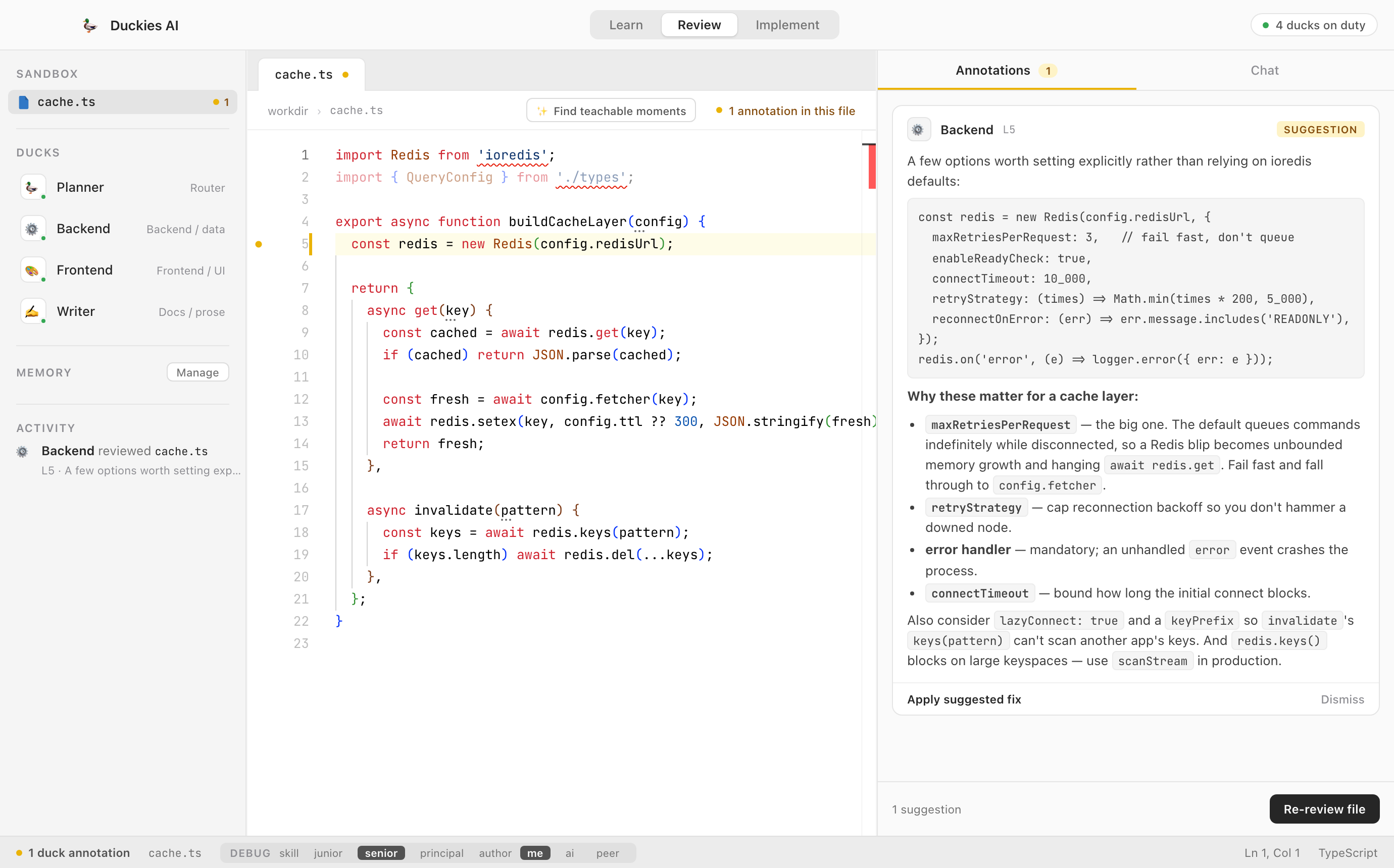 Duckies AI reviewing a TypeScript file with an inline annotation card from the Backend duck