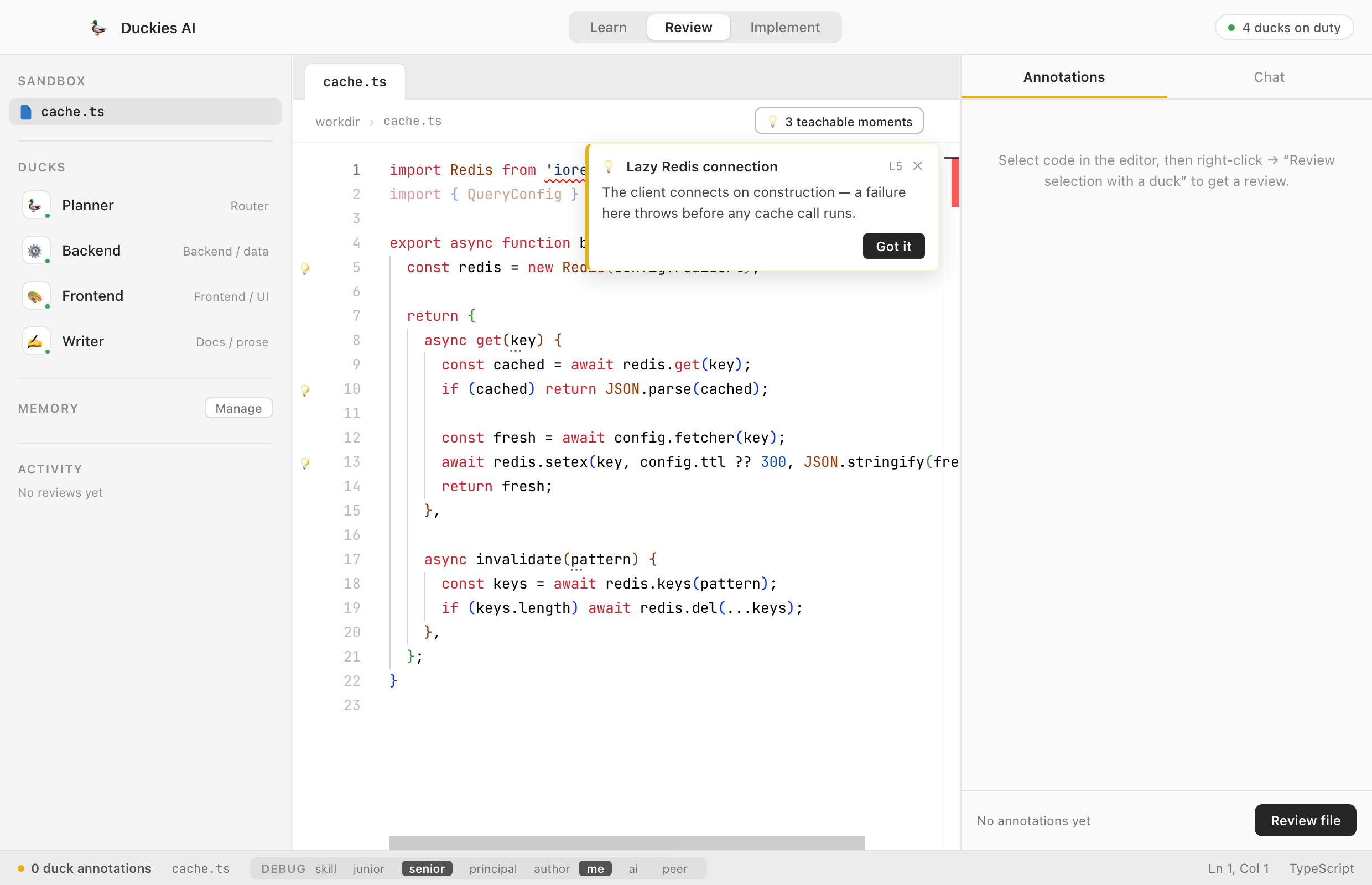 Teachable-moment lightbulbs in the editor gutter with an explanation popover